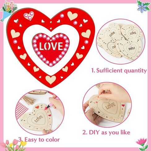 BeYumi DIY حرفة قلب خشبية - 24 قطعة عيد الحب DIY مجموعة حرفية قلب خشبي للأطفال اصنع هدية زينة الحب الخاصة بك مع ملصق جوهرة للمدرسة والفصول الدراسية الفنية لتزيين الحفلات in Saudi Arabia