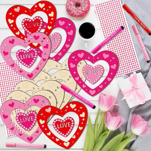 BeYumi DIY حرفة قلب خشبية - 24 قطعة عيد الحب DIY مجموعة حرفية قلب خشبي للأطفال اصنع هدية زينة الحب الخاصة بك مع ملصق جوهرة للمدرسة والفصول الدراسية الفنية لتزيين الحفلات in Saudi Arabia