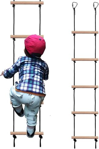 Rope Ladder for Kids, Ninja Warrior Obstacle Course Accessories - Heavy Duty Wooden Climbing Ladder with 2 Hooks for Treehouse, Swing Set, Trampoline & Playground (5-Step, 120kg Capacity) (Black) in Kuwait