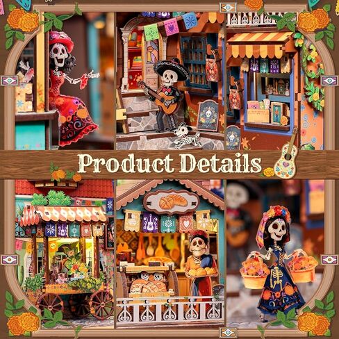 CUTEBEE Book Nook Kit - DIY Miniature House Kit for Adults, 3D Wooden Puzzle Bookshelf Insert Decor, Day of The Dead Booknook, Mexican Folklore LED Miniature Kit, Unique Gifts (Plaza de Los Muertos) in Saudi Arabia