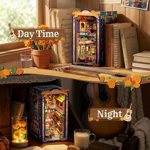 CUTEBEE Book Nook Kit - DIY Miniature House Kit for Adults, 3D Wooden Puzzle Bookshelf Insert Decor, Day of The Dead Booknook, Mexican Folklore LED Miniature Kit, Unique Gifts (Plaza de Los Muertos) in Saudi Arabia