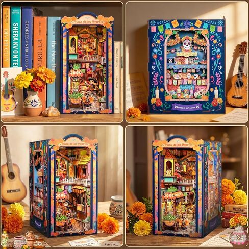 CUTEBEE Book Nook Kit - DIY Miniature House Kit for Adults, 3D Wooden Puzzle Bookshelf Insert Decor, Day of The Dead Booknook, Mexican Folklore LED Miniature Kit, Unique Gifts (Plaza de Los Muertos) in Saudi Arabia