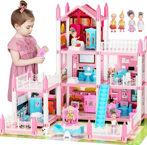 Doll House for Girls, DIY Dream Dollhouse with Furniture and Rooms Accessories, Miniature Pretend Playhouse with Lights, Building Princess House Dolls Playset Figures Toys Kit Gift for Ages 3+ in Kuwait