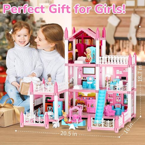 Doll House for Girls, DIY Dream Dollhouse with Furniture and Rooms Accessories, Miniature Pretend Playhouse with Lights, Building Princess House Dolls Playset Figures Toys Kit Gift for Ages 3+ in Kuwait