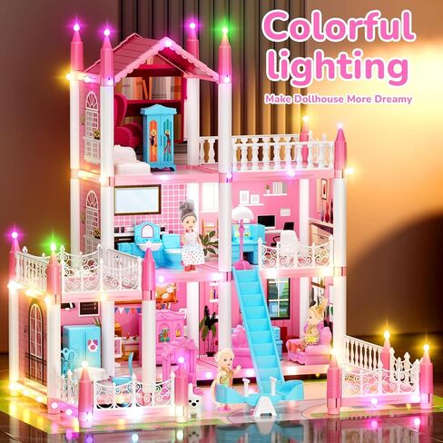 Doll House for Girls, DIY Dream Dollhouse with Furniture and Rooms Accessories, Miniature Pretend Playhouse with Lights, Building Princess House Dolls Playset Figures Toys Kit Gift for Ages 3+ in Kuwait