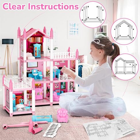Doll House for Girls, DIY Dream Dollhouse with Furniture and Rooms Accessories, Miniature Pretend Playhouse with Lights, Building Princess House Dolls Playset Figures Toys Kit Gift for Ages 3+ in Kuwait