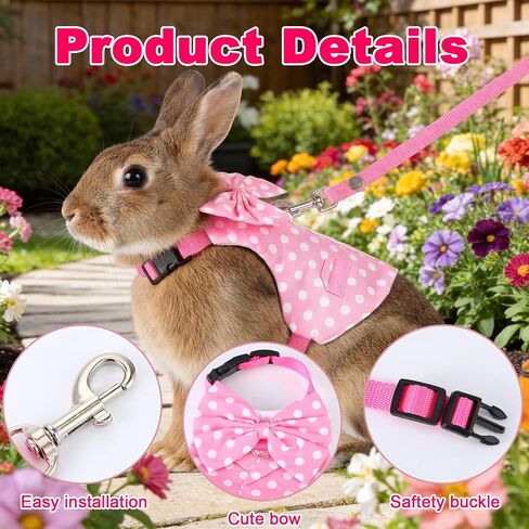 TIESOME Bunny Harness، مجموعة مقود الأرنب وتسخيرها، أحزمة أرنب قابلة للتنفس مقاومة للهروب للتدريب في الهواء الطلق والمشي والتخييم، نقطة موجة وردية، مستلزمات الحيوانات الأليفة الصغيرة، مقاس M in Saudi Arabia