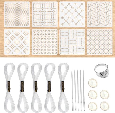 24Pcs Plastic Sashiko Stencil Kit with Sashiko Thimble and Needles Thread 4.7 x 4.7 Inch Geometric Pattern Template Drawing Line Embroidery Pattern for Beginners Hand Quilting and Mending, S in Saudi Arabia