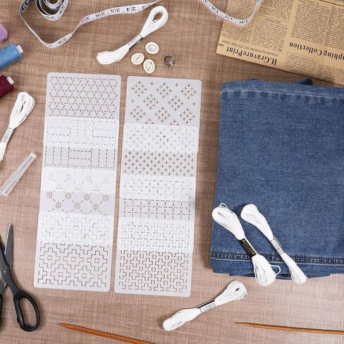 24Pcs Plastic Sashiko Stencil Kit with Sashiko Thimble and Needles Thread 4.7 x 4.7 Inch Geometric Pattern Template Drawing Line Embroidery Pattern for Beginners Hand Quilting and Mending, S in Saudi Arabia