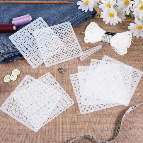 24Pcs Plastic Sashiko Stencil Kit with Sashiko Thimble and Needles Thread 4.7 x 4.7 Inch Geometric Pattern Template Drawing Line Embroidery Pattern for Beginners Hand Quilting and Mending, S in Saudi Arabia