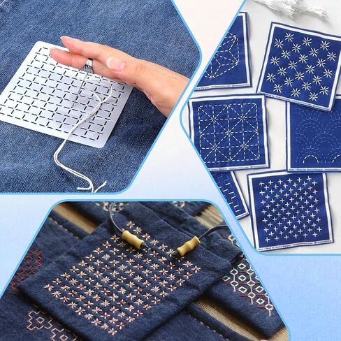 24Pcs Plastic Sashiko Stencil Kit with Sashiko Thimble and Needles Thread 4.7 x 4.7 Inch Geometric Pattern Template Drawing Line Embroidery Pattern for Beginners Hand Quilting and Mending, S in Saudi Arabia