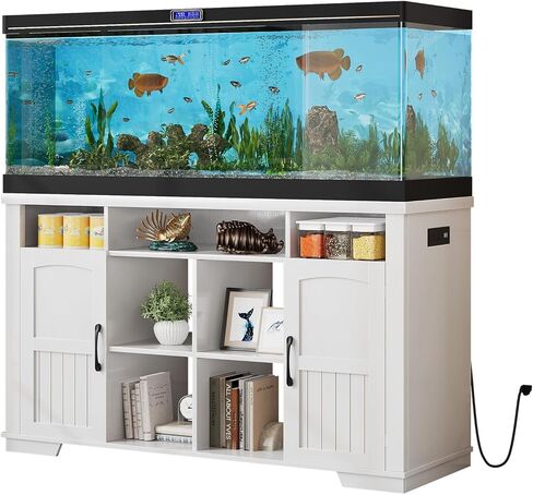 55-75 Gallon Fish Tank Stand with Power Outlet, Farmhouse 75 Gallon Aquarium Stand with Cabinet for Fish Tank Accessories Storage, Shelf, for Turtle Tank, Reptile Terrarium, 1000 LBS (White) in Saudi Arabia
