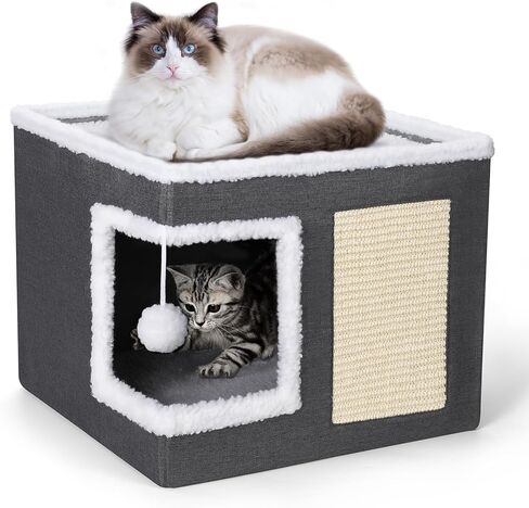 petizer Cat Bed for Indoor Cats, Large Covered Cat House with Scratch Pad, Foldable Cat Cave Bed & Hideaway Cube with Reversible Cushions, Cute Cat Condo for Multi Small Pet Kitten (Dark Grey) in Saudi Arabia