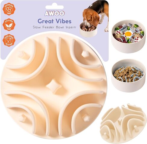 Awoo Great Vibes - جهاز تغذية بطيء من السيليكون لأوعية الكلاب التي يزيد حجمها عن 5.5 بوصة - طبق الحيوانات الأليفة غير القابل للانزلاق والرطب والجاف المتوافق مع أكواب الشفط - يطيل وقت تناول الطعام للأكل السريع - آمن للاستخدام في غسالة الأطباق (حكيم) in Kuwait