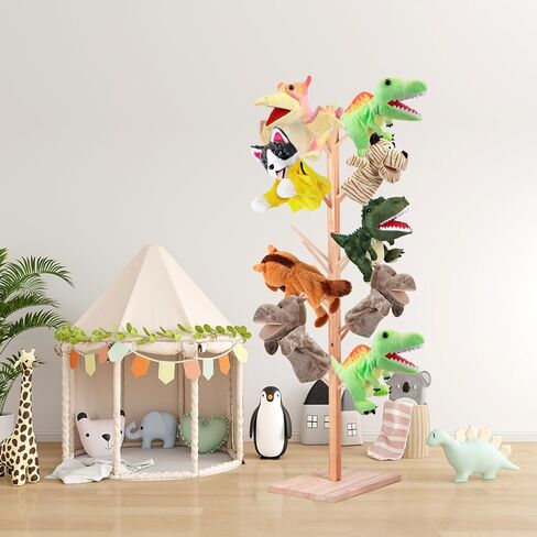 حامل دمى خشبي يتسع لـ 15 دمية - رف عرض على شكل شجرة العرائس، حامل حامل دمى يدوية، منظم موفر للمساحة للفصل الدراسي، غرفة اللعب، الرعاية النهارية، أو الاستخدام المنزلي in Kuwait