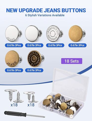 18 قطعة من دبابيس الأزرار للجينز الفضفاض، 17 مم دبابيس أزرار بديلة غير مخيطة للجينز، مشدودة الخصر قابلة للتعديل، قابلة لإعادة الاستخدام، تجعل السراويل الفضفاضة أصغر، مستلزمات ملابس الجينز للنساء والرجال in Kuwait