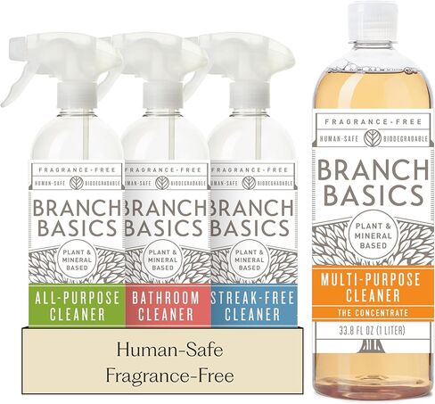 Branch Basics Cleaning Essentials Kit: All Purpose, Glass and Bathroom Cleaner - Concentrate (33.8 Oz) (17 Refills) + Refillable Plastic Spray Bottles (24 Oz) Plant Based, Human-Safe, & Fragrance Free in Saudi Arabia