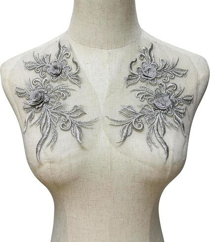 1 Pair Gray 3D Sequin Beaded Flower Sew on Embroidered Lace Applique Wedding Dress Bride's Gown Headdress Adornment DIY Patch Clothing Accessories 8Inch*4Inch in Saudi Arabia
