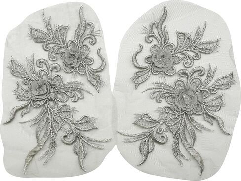 1 Pair Gray 3D Sequin Beaded Flower Sew on Embroidered Lace Applique Wedding Dress Bride's Gown Headdress Adornment DIY Patch Clothing Accessories 8Inch*4Inch in Saudi Arabia