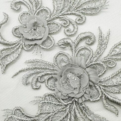 1 Pair Gray 3D Sequin Beaded Flower Sew on Embroidered Lace Applique Wedding Dress Bride's Gown Headdress Adornment DIY Patch Clothing Accessories 8Inch*4Inch in Saudi Arabia