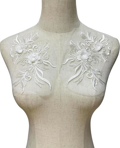 1 Pair Gray 3D Sequin Beaded Flower Sew on Embroidered Lace Applique Wedding Dress Bride's Gown Headdress Adornment DIY Patch Clothing Accessories 8Inch*4Inch in Saudi Arabia