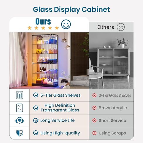 خزانة عرض زجاجية من 5 طبقات من HNEBC، خزانة تحف مقاس 66.9 بوصة مع مصابيح RBG، وحالات عرض مزودة بمستشعر قابل للقفل وجسم الإنسان، وخزائن كتب للمقتنيات، والتماثيل، والكتب، والألعاب، باللون الأسود in Kuwait