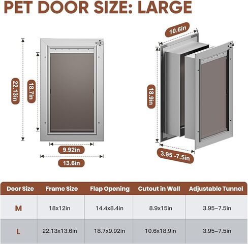 3-Flaps Insulated Dog Door for Wall, Rust Proof Aluminum Alloy Large Doggy Door, Heavy Duty Pet Door with Dual Lock, Extreme Weather Doggie Door for Interior Exterior Wall, Pets Up to 110LB in Kuwait