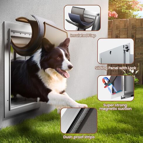 3-Flaps Insulated Dog Door for Wall, Rust Proof Aluminum Alloy Large Doggy Door, Heavy Duty Pet Door with Dual Lock, Extreme Weather Doggie Door for Interior Exterior Wall, Pets Up to 110LB in Kuwait