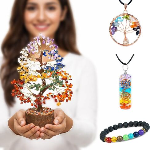 Seven Chakra Crystal Tree of Life with Bracelet & 2 Pendants – Feng Shui Bonsai Decor Healing Crystals Spiritual Gifts for Cute Home Room & Desk Decor, Gifts for Women, Mom, Friend Her & Sister in Saudi Arabia