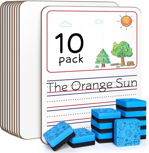 Scribbledo 10 Pack Double Sided Whiteboards 9"x12" Story Lined Dry Erase Boards for Kids Writing Board Practice Drawing Small White Board Teacher Elementary Kindergarten Preschool + Erasers in Saudi Arabia