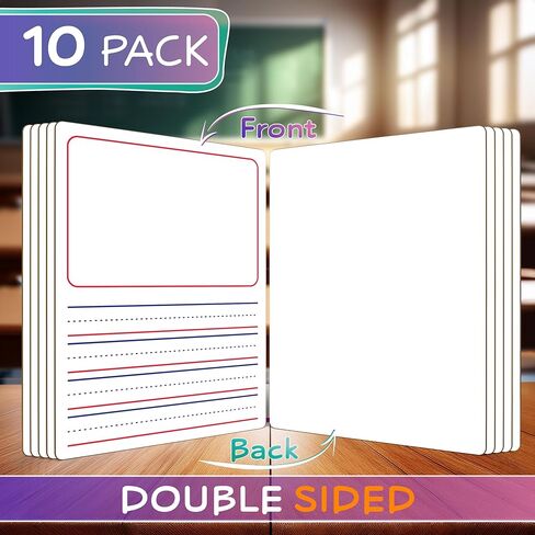 Scribbledo 10 Pack Double Sided Whiteboards 9"x12" Story Lined Dry Erase Boards for Kids Writing Board Practice Drawing Small White Board Teacher Elementary Kindergarten Preschool + Erasers in Saudi Arabia
