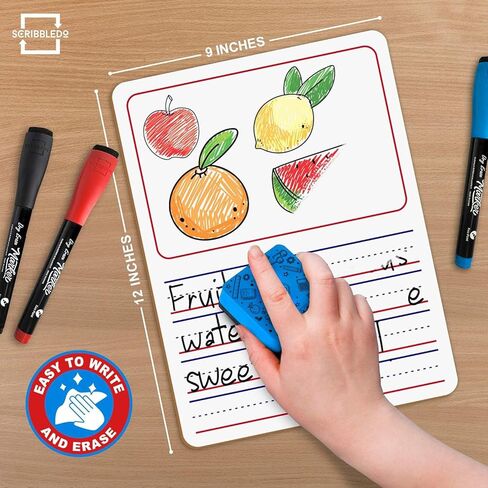 Scribbledo 10 Pack Double Sided Whiteboards 9"x12" Story Lined Dry Erase Boards for Kids Writing Board Practice Drawing Small White Board Teacher Elementary Kindergarten Preschool + Erasers in Saudi Arabia