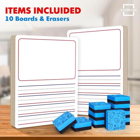 Scribbledo 10 Pack Double Sided Whiteboards 9"x12" Story Lined Dry Erase Boards for Kids Writing Board Practice Drawing Small White Board Teacher Elementary Kindergarten Preschool + Erasers in Saudi Arabia