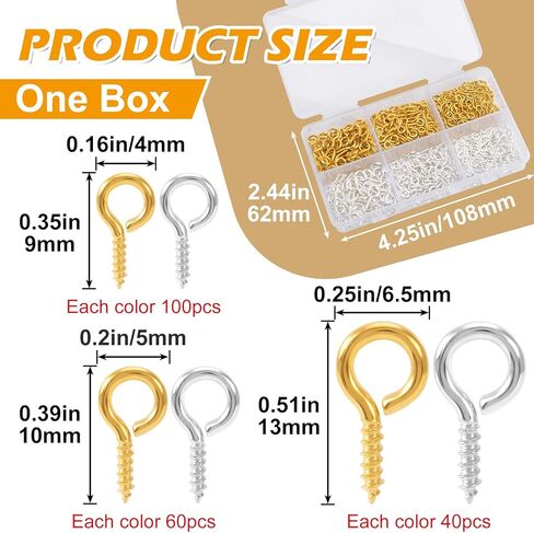PAGOW 400 Pcs Eye Screws, Screw Eye Pins, Mini Small Eye Hooks, Tiny Eyepins for Jewelry Making, DIY Crafts, Beading Art Projects (Silver, Gold, 3 Sizes) in Saudi Arabia