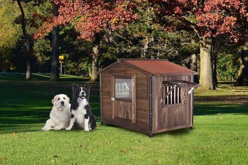 GDFStudio بيت الكلب الخشبي الكبير مع سطح الشرفة، بيت الكلب ذو الإطار الحديدي للكلاب XL، بيت الكلب الخارجي المقاوم للطقس مع سقف الأسفلت، مأوى للحيوانات الأليفة على طراز المقصورة المرتفعة، 43.3 بوصة عرض × 66.9 بوصة عمق × 32.7 بوصة ارتفاع، عسل in Kuwait