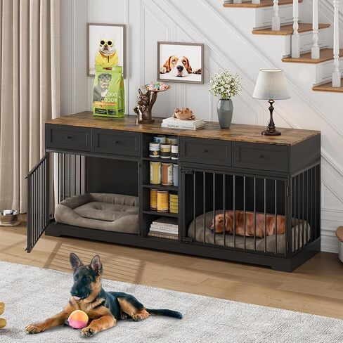 قفص كبير للكلاب مقاس 47 بوصة من IDEALHOUSE، بيت للكلاب داخلي مع درجين و4 أرفف، حامل تلفزيون لأثاث قفص الكلاب، قفص خشبي للكلاب متوسطة الحجم، أسود in Kuwait