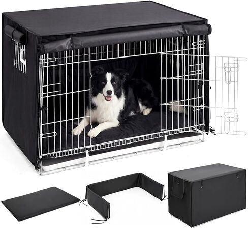 Lounsweer 3 Pcs Dog Crate Cover Set with Kennel Cover Fit for 42 Inch Wire Crates, Bed Mat & Bumper Pad, All-Black Pet Kennel Sunshade Accessories, Light Reducing Puppy Training Crate Privacy in Saudi Arabia