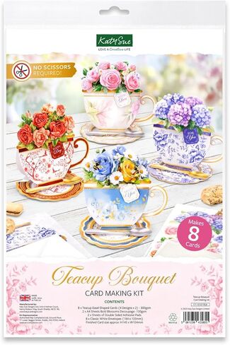 Katy Sue Teacup Bouquet Card Making Kit – Make 8 Freestanding Floral Teacup Easel Cards. Contains Shaped Cards, Die-Cut Decoupage, Adhesive Foam Pads, Envelopes & Instructions for Card Making Supplies in Kuwait