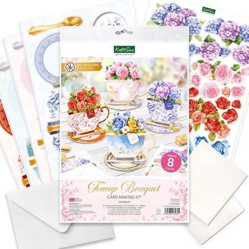 Katy Sue Teacup Bouquet Card Making Kit – Make 8 Freestanding Floral Teacup Easel Cards. Contains Shaped Cards, Die-Cut Decoupage, Adhesive Foam Pads, Envelopes & Instructions for Card Making Supplies in Kuwait