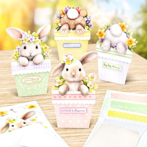 Katy Sue Bunny Tails & Flower Pots Card Making Kit – Make 8 Freestanding 3D Easter Bunny Cards – Includes Decoupage, Envelopes & Foam Pads – UK Made Papercraft Kit in Kuwait