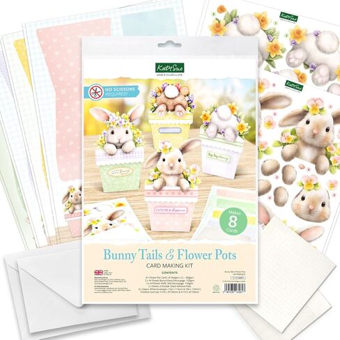 Katy Sue Bunny Tails & Flower Pots Card Making Kit – Make 8 Freestanding 3D Easter Bunny Cards – Includes Decoupage, Envelopes & Foam Pads – UK Made Papercraft Kit in Kuwait