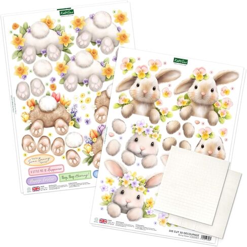 Katy Sue Bunny Tails & Flower Pots Card Making Kit – Make 8 Freestanding 3D Easter Bunny Cards – Includes Decoupage, Envelopes & Foam Pads – UK Made Papercraft Kit in Kuwait