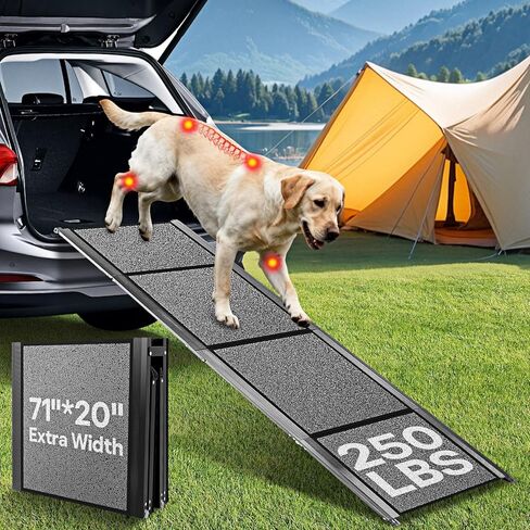 𝟕𝟏'' & 𝟐𝟎" Wide Dog Ramp for Large Dogs, Holds 250LBS & Gentle Slope for Joint Care - Dog Car Ramp with Upgrade Non-Slip Surface - Portable Folding Pet Ramps for Senior Pets Enter into SUV, Truck in Kuwait
