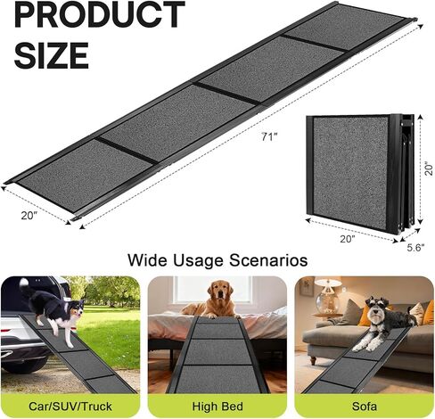 𝟕𝟏'' & 𝟐𝟎" Wide Dog Ramp for Large Dogs, Holds 250LBS & Gentle Slope for Joint Care - Dog Car Ramp with Upgrade Non-Slip Surface - Portable Folding Pet Ramps for Senior Pets Enter into SUV, Truck in Kuwait