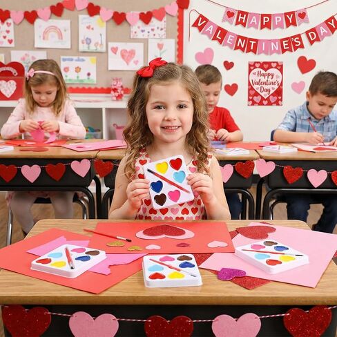 24 Pcs Valentines Day Gifts for Kids 5 Colors Heart Paint Watercolor Set with Paintbrush Washable Valentines Water Color Painting Kit Party Favor Exchange Gift for Classroom School(Square) in Saudi Arabia