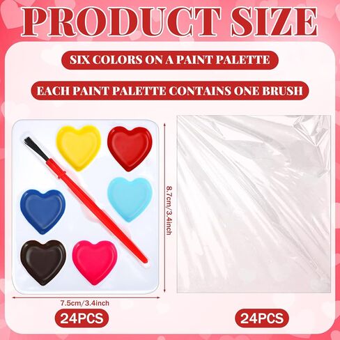 24 Pcs Valentines Day Gifts for Kids 5 Colors Heart Paint Watercolor Set with Paintbrush Washable Valentines Water Color Painting Kit Party Favor Exchange Gift for Classroom School(Square) in Saudi Arabia