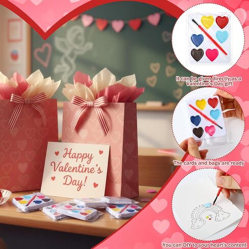 24 Pcs Valentines Day Gifts for Kids 5 Colors Heart Paint Watercolor Set with Paintbrush Washable Valentines Water Color Painting Kit Party Favor Exchange Gift for Classroom School(Square) in Saudi Arabia
