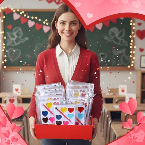 24 Pcs Valentines Day Gifts for Kids 5 Colors Heart Paint Watercolor Set with Paintbrush Washable Valentines Water Color Painting Kit Party Favor Exchange Gift for Classroom School(Square) in Saudi Arabia