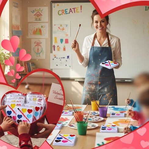 24 Pcs Valentines Day Gifts for Kids 5 Colors Heart Paint Watercolor Set with Paintbrush Washable Valentines Water Color Painting Kit Party Favor Exchange Gift for Classroom School(Square) in Saudi Arabia
