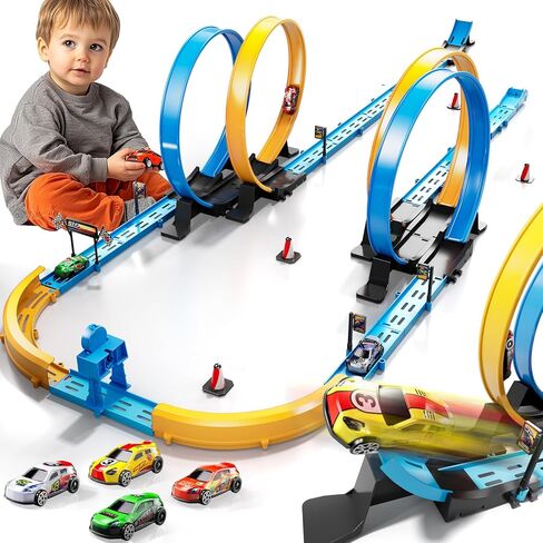 Toy Car Track Gift Set for Boys Kids Age 3-5 4-7 8-12, Long Race Tracks with 4 Action Loops and 4 High-Speed Slot Die-Cast Race Cars, 35+ Pieces Race Tracks to Create Multiple Configurations in Kuwait